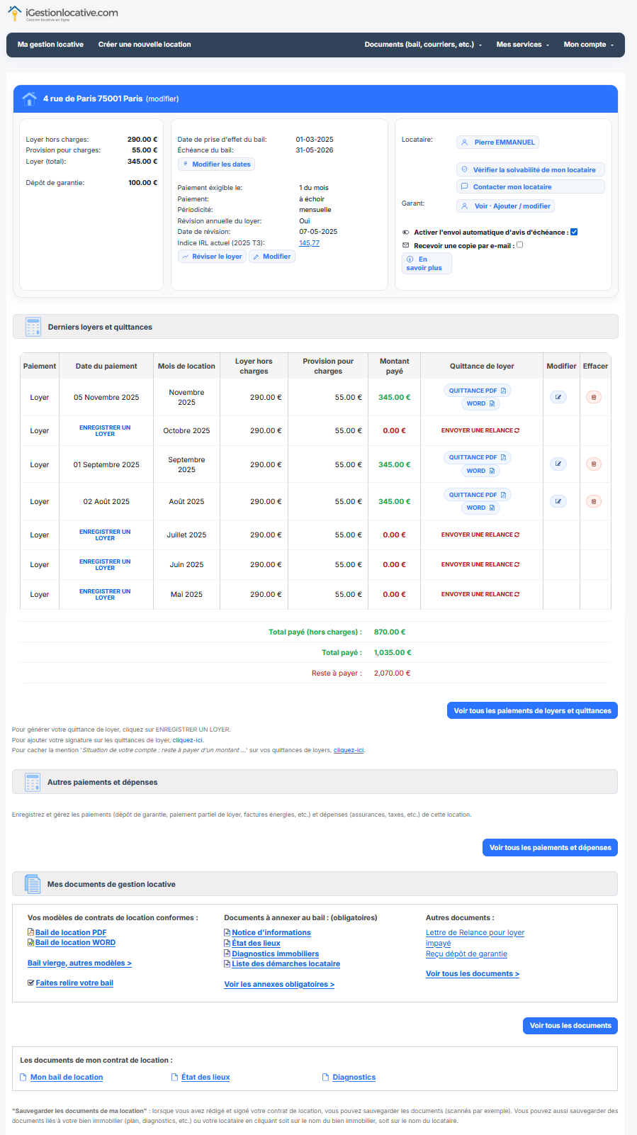 Aperçu du compte de gestion locative iGestionlocative.com