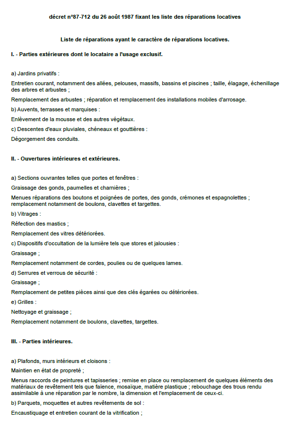 Liste de réparations ayant le caractère de réparations locatives