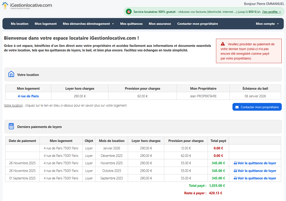 Interface d'aide et foire aux questions du compte locataire en ligne sur l'application igestionlocative