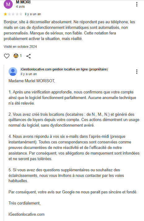Exemple d'avis client mensonger et non vérifié publié sur internet contre le logiciel igestionlocative