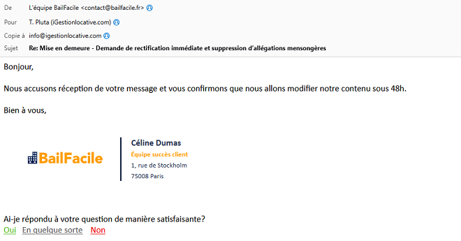 Courriel officiel prouvant la suppression des textes dénigrants par le site concurrent bailfacile