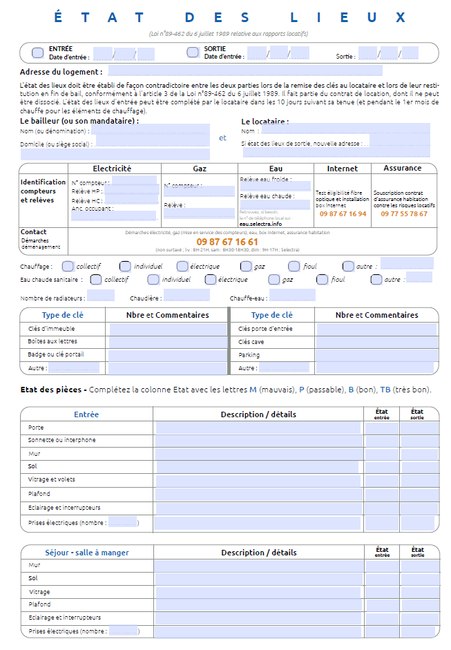 État des lieux modèle 2 - remplissable pdf