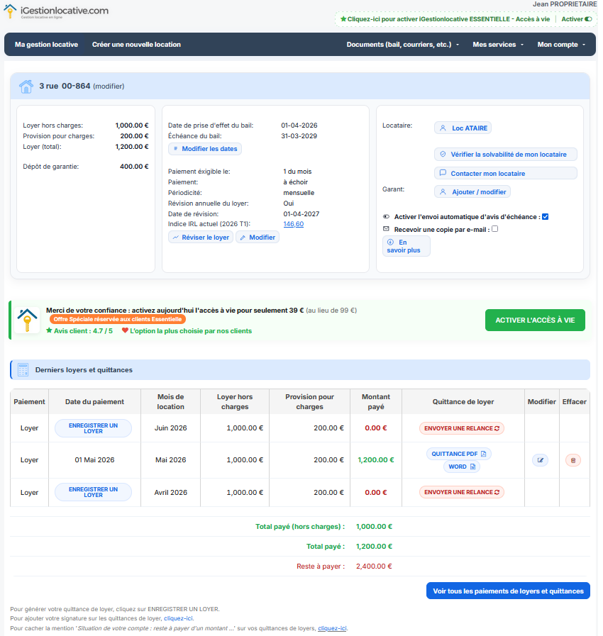 Interface utilisateur du logiciel de gestion locative en ligne igestionlocative sur ordinateur et smartphone